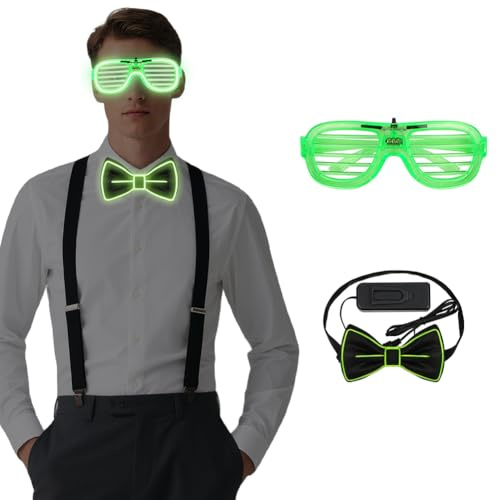 Alaoo Gafas LED Luminosas,2PCS Luminosa Pajarita, Gafas LED Parpadeantes con 3 Modos de Flash para Carnavales, Festivales de Música, Festividades, Bodas, Halloween y Despedidas de Soltera,Verde