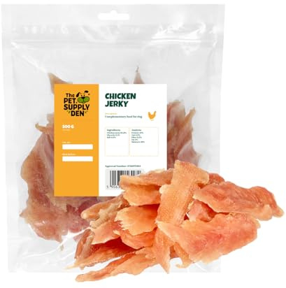 The Pet Supply Den 100% Natural Chicken Jerky for Dogs 500g - Grain-Free, High Protein Dog Treats - Healthy Training Snacks - No Additives or Preservatives.