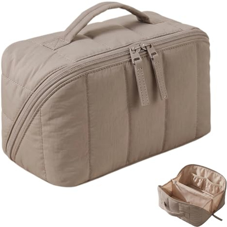 Flat Lay Makeup Bag, Travel Toiletry Bag with PVC Dividers | 180° Fully Opens Camel Large Capacity Cosmetic Case for Women, Makeup Organiser for Travel
