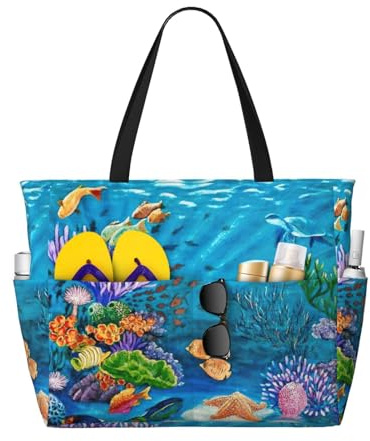 Uusnwaa Grand sac de plage imperméable et résistant au sable, motif tortue de mer, poisson tropical, étoile de mer, pour femme, pliable, léger, fermeture éclair, piscine, voyage, croisière