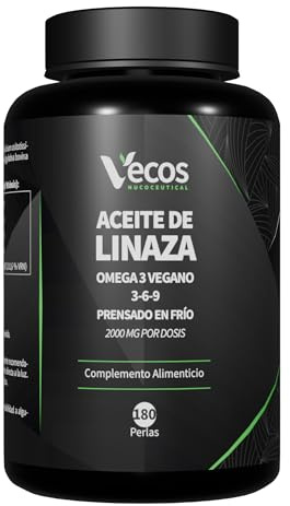 Aceite de Linaza 2000 mg – 180 Perlas – Omega 3 Vegano 3-6-9 – Prensado en Frío – Con ALA, Ácido Linoleico, Ácido Oleico y Vitamina E – Vecos Nucoceutical (180 Cápsulas (1 Bote))