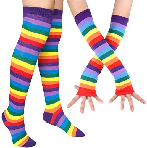 DRESHOW Kniestrümpfe Regenbogen Oberschenkel Hohe Socken Overknee Strümpfe Fingerlose Handschuhe Hülsen-Set für Damen Mädchen Party Stützen Kostüm Halloween