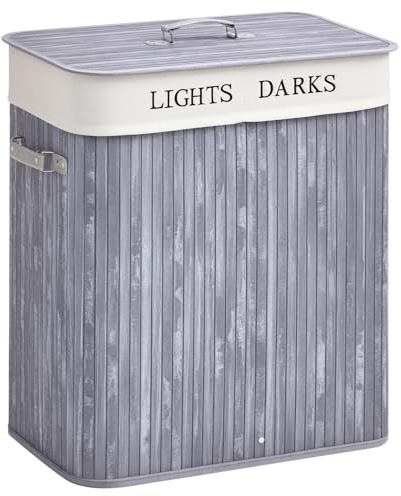 HOMCOM 100L Collapsible Natural Wood Laundry Hamper Organizer Clothes Washing Basket Bin Storage Box w/Lid Removable Lining 52x32x63cm, Grey