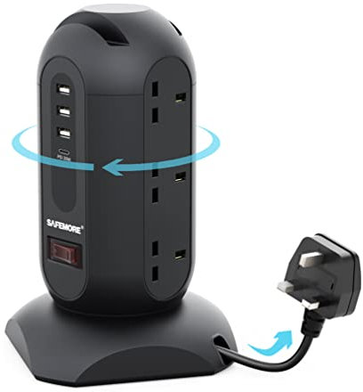 SAFEMORE Retractable Cord Extension Lead 9 Gang Outlet Tower Sockets Surge Protector Power Strip 4 USB/Type-C PD 20W Fast charging Power Cord Pacific 6.56Ft/2M, Black