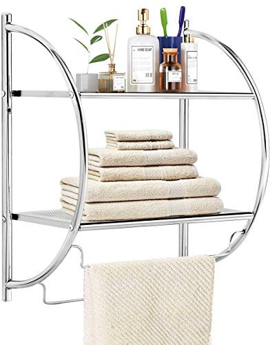 COSTWAY Wall Mounted Towel Rack, 2-Tier Chrome Curved Bathroom Shelf with Hanging Towel Rails, Wall Shelving Unit Towel Holder Floating Storage Shelves for Bathroom, Kitchen and Living Room (Silver)