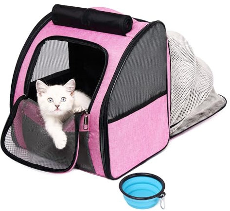 Katzenrucksack Hunderucksack, Erweiterbarer Haustier Rucksack für Kleine Hunde Katzen, von der Fluggesellschaft Zugelassen, Belüftetes Design für Reisen, Wandern & Draussen (Rosa)