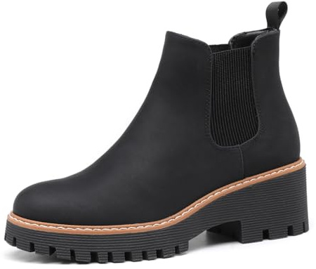 DECARSDZ Botas Chelsea de plataforma gruesa para mujer con tacón de cuña bajo elástico, sin cordones, para otoño, trabajo, piel de gamuza, estilo clásico, botas de tobillo para mujer