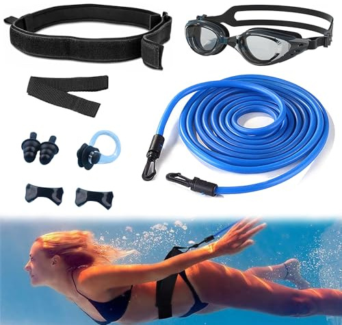 ROLMZJX Cintura di resistenza da 4 m, per allenamento di nuoto, fissi e fissi, regolabile, per allenamento di resistenza in piscina (con occhialini da nuoto professionali)