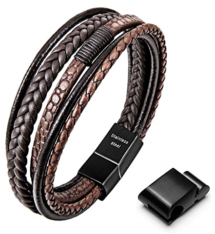 Speroto Customize Men's Bracelet - Premium Leather, Stainless Steel Magnetic Clasp, Multi-Layer Braided Genuine Leather - Black/Brown - Gift Idea for Men/Women