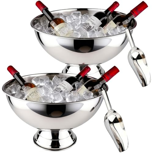 Large Ice Bucket 13L Stainless Steel Champagne Bowl Ice Bucket with Ice Scoop Semicircle Drink Tub with Integrated Base Silver Beverage Tub for Parties, Cocktail Bar, Chilling Wine (2 Packs-Silver)
