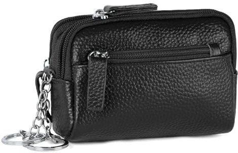 Aucuu Schlüsseletui Leder Damen und Herren, Schlüsseltasche Echt-Leder, 2 Fächer mit Reißverschluss, Schlüsselmäppchen für Schlüssel Autoschlüssel, Schwarz