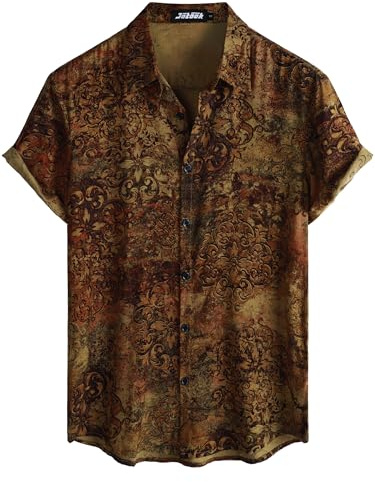 JOTOOK Camisa hawaiana para hombre, manga corta, con botones, estilo tropical, informal, floral, para verano, playa, Marrón, Large
