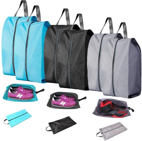 6 Stück Schuhbeutel Reise Schuhtaschen Wasserdicht Schuhsäcke Faltbar mit Reißverschluss Shoe Bag Aufbewahrung Tragbare Staubdicht mit Griff für Lagerung zu Hause, Urlaub, Travel (schwarz+grau+blau)