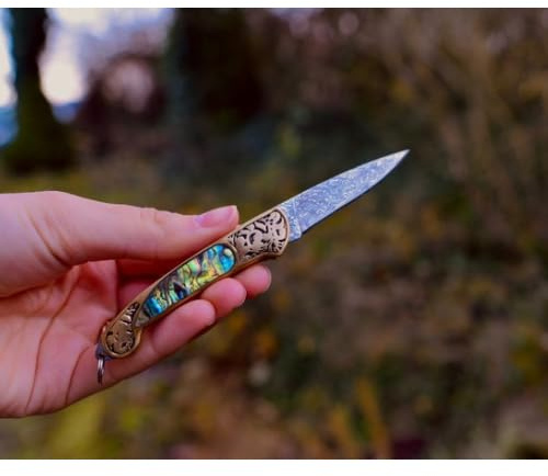 Damast Taschenmesser, Edelstahl, Japanisch, Lederscheide, Scharf, Muschel Griff, Jagdmesser, Klappmesser, Outdoor, Faltbar, Camping, VG10