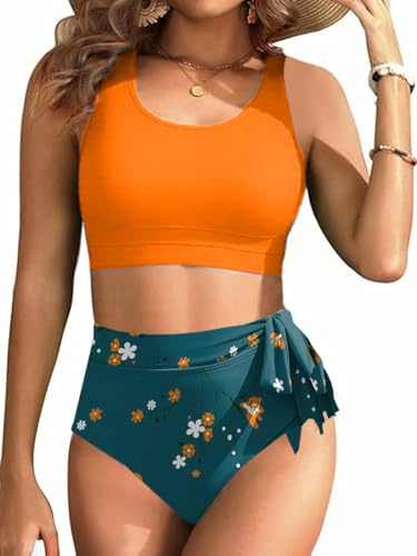 Rayson Traje de Baño para Mujer de 2 Piezas Cintura Alta Estampado Floral Conjunto de Bikini Lazos Laterales（Naranja,M）