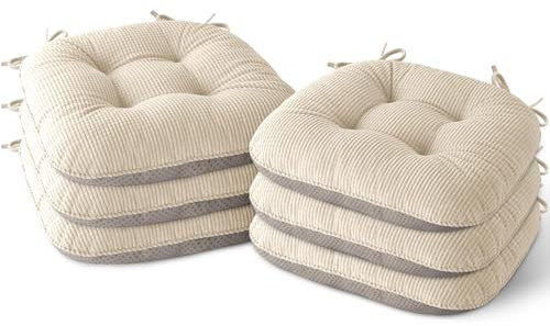 MineCozy Indoor Dining Chair Cushions Set of 6 Kitchen Chair Pads with Ties Tufted Seat Cushion with Anti-Slip Backing 17X16X3 Cream
