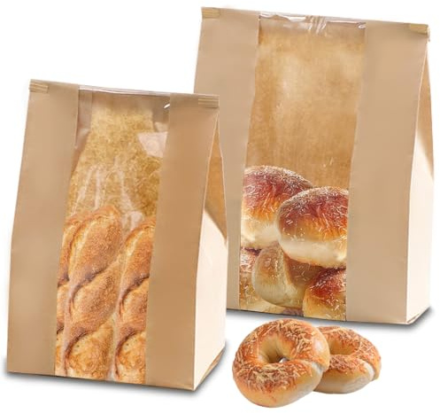 OT-NVWOZR 60pcs Bread Bags for Homemade Bread, Kraft Paper Bags with Window & Tin Tie, Greaseproof Sourdough Bakery Bag for Food Packaging Storage ((13.7x8.2in-30pc, 13x6.3in-30pc)