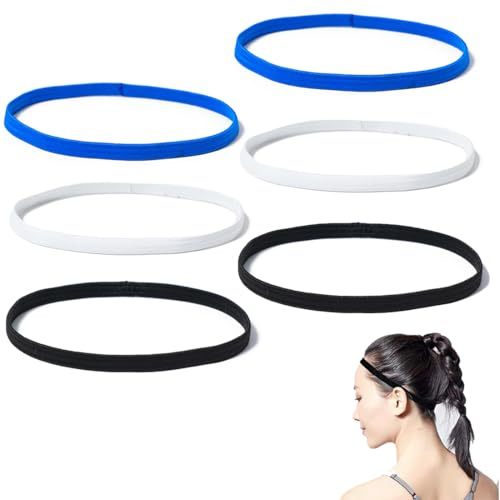 MKEAWWU 6 Piezas Cinta Pelo Deporte, Cinta Pelo Hombre, Niño Mujer Deporte Diadema Deportiva Elásticas Antideslizante Ppara Yoga Fútbol Jogging-Negro Blanco y Azul