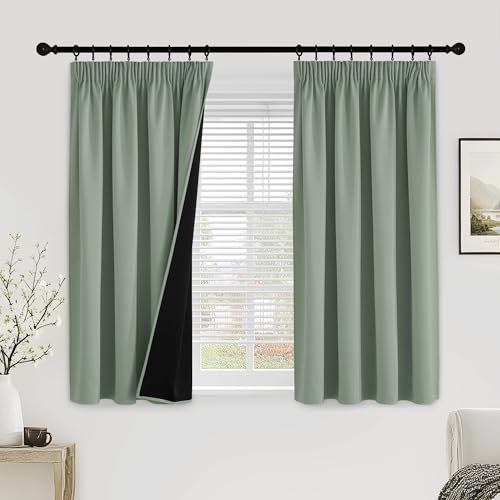 PONY DANCE 100% Blackout Thermal Insulated Curtains, 52x54 Inch, Sage Green | Pencil Pleat Rod Pocket Curtains for Bedroom and Living Room, 2 Panels, Noise Reduction, Light Blocking & Privacy Drapes