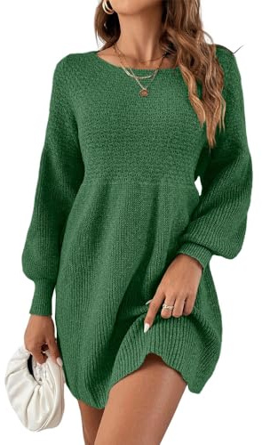 Saodimallsu Womens Crew Neck Mini Sweater Dress Lantern Sleeve High Waisted Rib Knit Dresses Cozy Pullover Long Green M