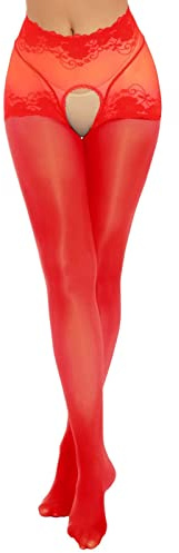 Générique Bas Autofixant Femme Sexy Collant Resille Chair Autofixants De Contention Opaque Noir Mode Chaud Collants Danse Body Érotique Ouvert sans Pied Vetement Hiver Pute Dessous Fantaisie,Rouge-A