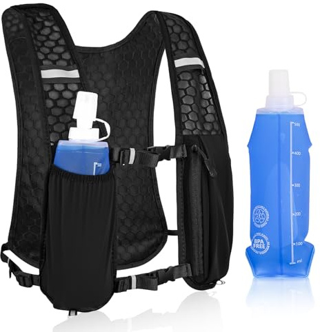 Gaethra Gilet de course léger pour homme et femme avec gourde souple 500 ml et poche pour téléphone portable, sac à dos d'hydratation, sangles de poitrine réglables pour le trail, la randonnée, le