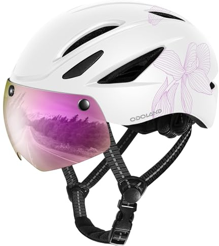 Odoland Adults Bike Helmet with Removable Magnetic Sun Visor, Adjustable Dial Fit Bicycle Cycling Helmet for Mountain Road Bike, Certified Lightweight MTB Ebike Helmet for Men Women,Elegant Magnolia