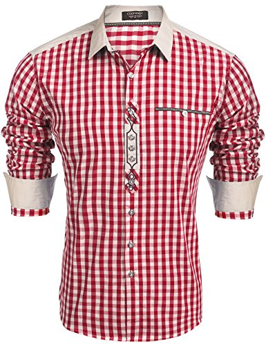 COOFANDY Camisa de manga larga para hombre, camisa tradicional a cuadros, Oktoberfest, camisa de ocio, camisa de cuadros para hombre, camisa con cuello Kent de algodón, 45-rojo vino, 3XL