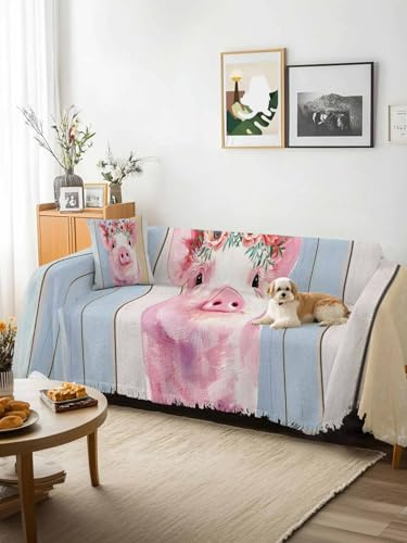 Farmhouse Pig Sofa Cover Blanket Couch Covers for Armchair Cushion,Couch Sofa Silpcover with Tassel,Spring Floral Farm Animal Wooden Living Room Bedroom Throw Towel Blanket Covers XX-L 71x150