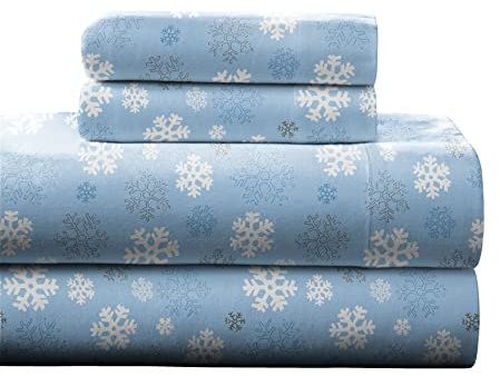 Pointehaven Heavy Weight Flannel Sheet Set, Queen, Snow Flakes - Warm & Cozy - 100% Cotton Flannel Pre-Shrunk -170 GSM -Deep Pockets -Easy Fit Elastic All Around-Comfy Double Brushed