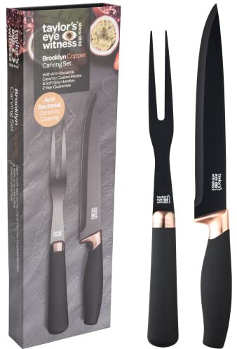 Carving Knife & Meat Fork Set - 20cm/8 Inch Classic Black Plated Blade. Strong, Stylish Two Prong Fork for Professional Chefs & Home Cooks. Copper Bolster. Soft Grip Handle. Taylors Eye Witness