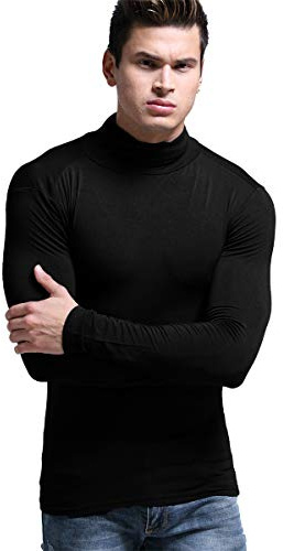 Ouruikia Homme léger Thermique Modal Couche de Base à col roulé à Manches Longues Pull Top sous-vêtements Thermiques pour Hommes Automne Hiver Hauts L Noir