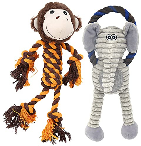 HUGEME Puppy Toys for Small Dogs, 2 Pack Dog Chew Toys with Squeaky and Rope, Puppy Teething Chew Toys, Durable Dog Teething Toys for Small, Medium Dogs (Monkey & Elephant)