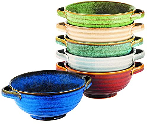 Artisan Stoneware Soup Crocks with Handles, Set of 6 – 20oz Colorful Reactive Glaze Bowls for Chili, Stew, Pasta & Casseroles – Microwave, Oven & Dishwasher Safe Dinnerware