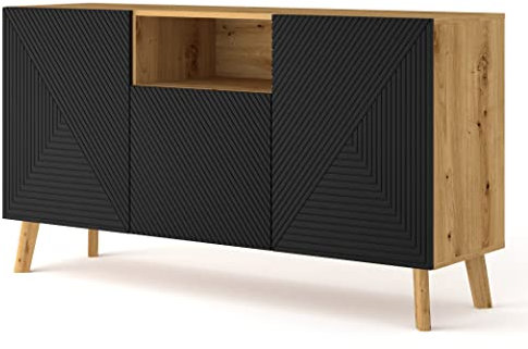 BIM Furniture Kommode LUXI 3D 146 cm Eiche Artisan, Fronten schwarz matt gefräst MDF, Beine aus Massivholz, Sideboard Highboard Schrank, 3 Türen