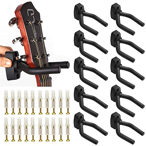 Gisedkle 10pcs Guitar Hangers, Bass Stand Wall Mount Hanger Hooks with Screws, Ukulele Banjo Mandolin Electric Guitar Display Holders, Black