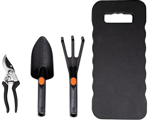 BLACK+DECKER Gartenwerkzeug Set 4-Teilig - Knieschoner, Gartenschere, Schaufel und Gartenkralle - 13mm Schneidkapazität - Schwarz/Orange