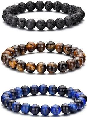 RANKEEF Tiger Eye Bracelet For Men 8MM Natural Stone Beads Bracelet Set Stretch Lava Rock Bracelets Adjustable Black Crystal Beaded Bracelet for Men Women Gifts