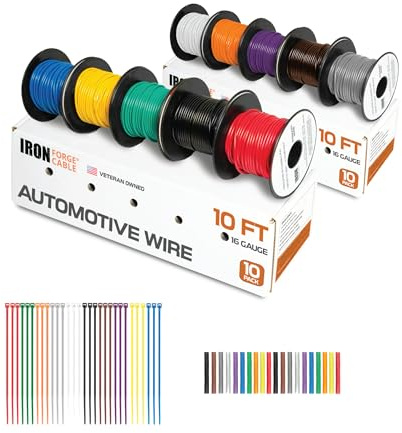 Iron Forge Cable 100 ft 16 Gauge Wire - 10 Roll Assortment Pack Automotive Wiring Kit with Dispenser Box - 10ft Stranded Copper Clad Primary Cable per Roll