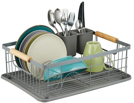 Relaxdays égouttoir, Panier à Couverts et bac de séchage, Support à Vaisselle de Cuisine, Plastique, métal, Gris