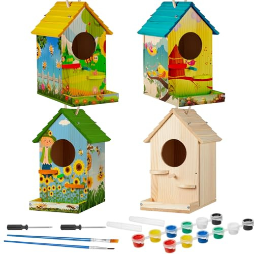 Liliful 4 Pack Birdhouse Kit, DIY Wooden Crafts for Kids and Adults, Bird House with Paint and Brushes Painting Kits for Boys and Girls, Spring Birthday Classroom Gifts for Ages 3-5 4-8 8-12