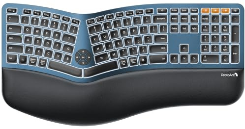 ProtoArc Backlit Bluetooth Ergonomic Keyboard, EK01 Plus Full Size Wireless Split Keyboard with Dual Bluetooth and USB, Cushioned Wrist Rest, Rechargeable, Compatible with Windows/Mac/Android, Blue