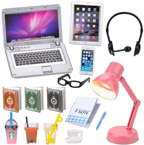 15Pcs Dollhouse Miniature Laptop Computer Tablet Phone Lamp Book Glasses Coffee Headset Simulation Accessories 1/12 1/6 Toy Pad Play Set Fits Barbie Doll Girl Mini Drink Party Office (A)
