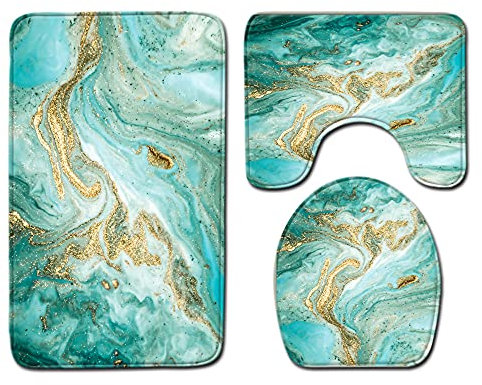 Badezimmermatte Goldenes Türkis Fußmatte 3 Teilig Badmatte Saugfähig Bath Mat rutschfeste Schmutzfangmatte Waschbar Bad Teppiche Set Langlebig Badezimmerteppich Teppich 50x80cm