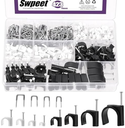 Sweet 423 clips de cable de 8 tamaños desde 4 mm hasta 25 mm con clavo de acero y 4 tamaños desde 0.3pulgadas hasta 0.6 pulgadas, kit surtido de grapas en U aisladas