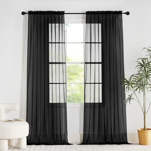 PONY DANCE Black Window Net Curtains 60x90 Inches - Slot Top Super Soft Voile Curtains Light Filtering Semi Transparent Sheer Panels for Bedroom/Living Room/Kitchen Privacy Protection, 2 Panels