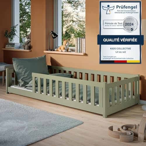 Kids Collective Kinderbett Bodenbett 90x190 cm Bett mit Rausfallschutz & Lattenrost Montessori Bett Bed Gitterbett Kinder Jugendbett Einzelbett | Olivgrün