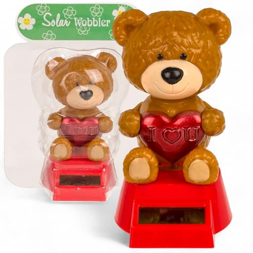 MIJOMA Statuetta con movimento a energia solare - Figura snodabile con cella solare, plastica, 10 cm di altezza, nessuna batteria necessaria, per davanzali, auto e luoghi soleggiati (orsetto con cuore