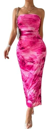 Sukiglam Mujer Vestido Largo Ajustado Sexy Tie Dye Vestidos de Tubo Elegante sin Mangas Maxi Vestido sin Tirantes de Fiesta Verano Fruncido Vestidos con Abertura para Cóctel Boda Invitada Noche Club