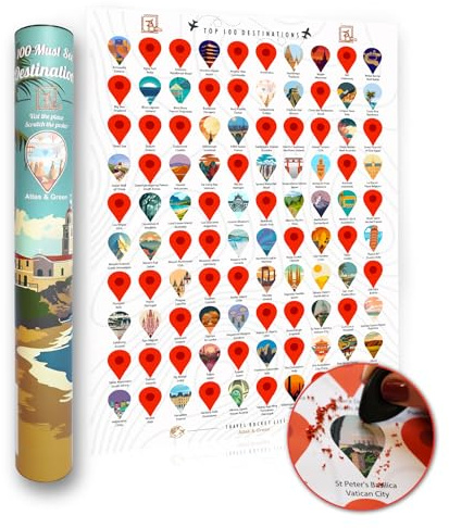 Atlas & Green Top 100 destinazioni Scratch Off Poster. A2 World Travel Poster. Around the World Bucket List Scratch Poster con tubo regalo